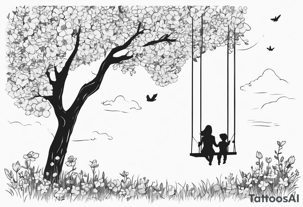 Mom with son and daughter on a swing in the distance in a field of flowers tattoo idea
