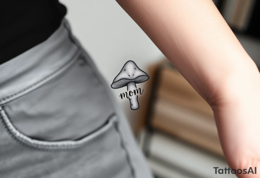 Mushroom with word mom on it with gnome on top tattoo idea