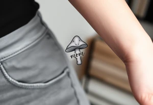 Mushroom with word mom on it with gnome on top tattoo idea