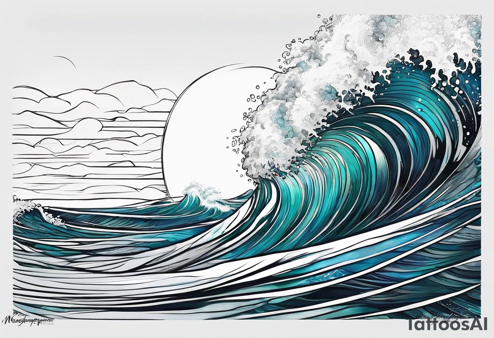wave  "come what may" written underneath in cursive outside forearm not an oval tattoo idea