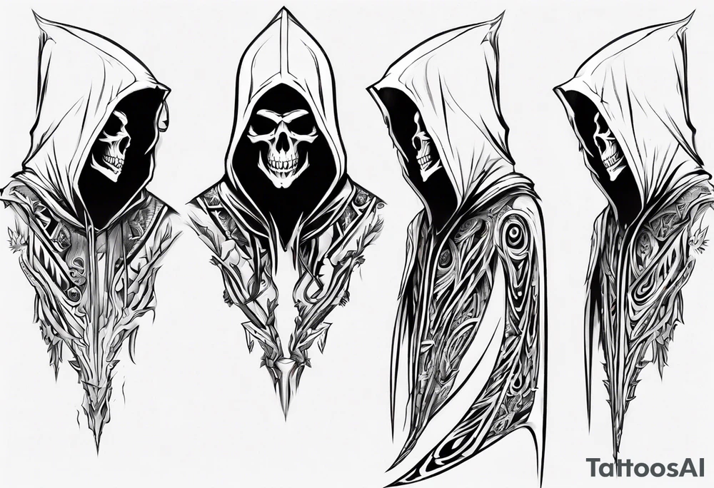 side view, hooded reaper upper body, no skull tattoo idea