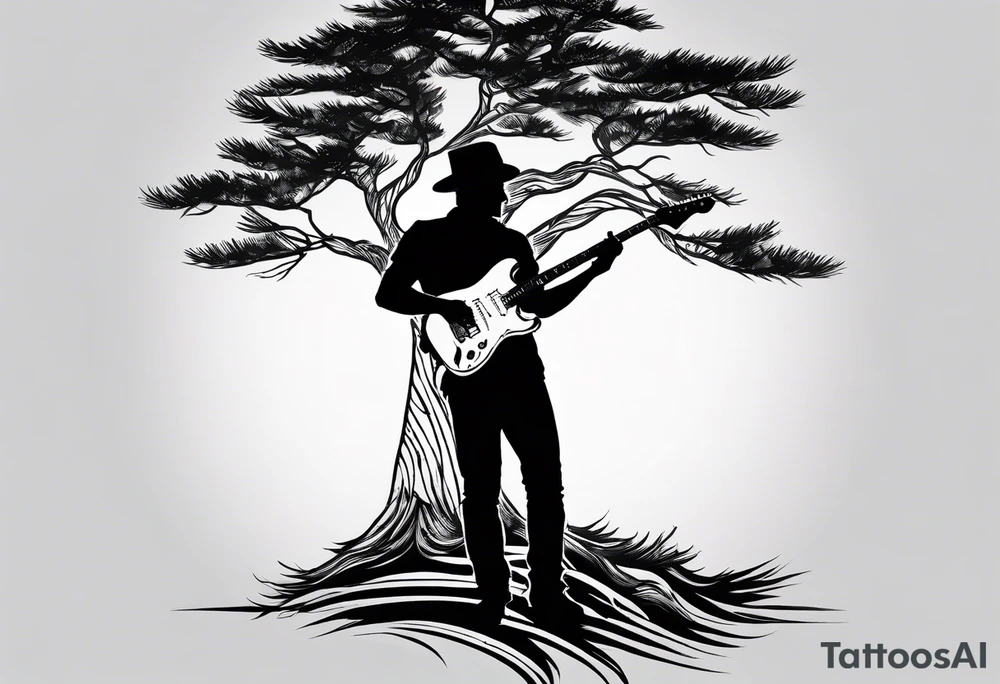 silhouette of a man standing under a pine tree playing electric guitar tattoo idea