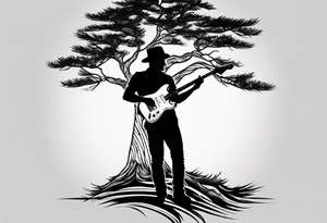 silhouette of a man standing under a pine tree playing electric guitar tattoo idea
