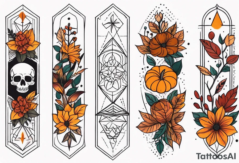 Knee tattoo with fall colors, flowers, skulls and geometric shapes. tattoo idea