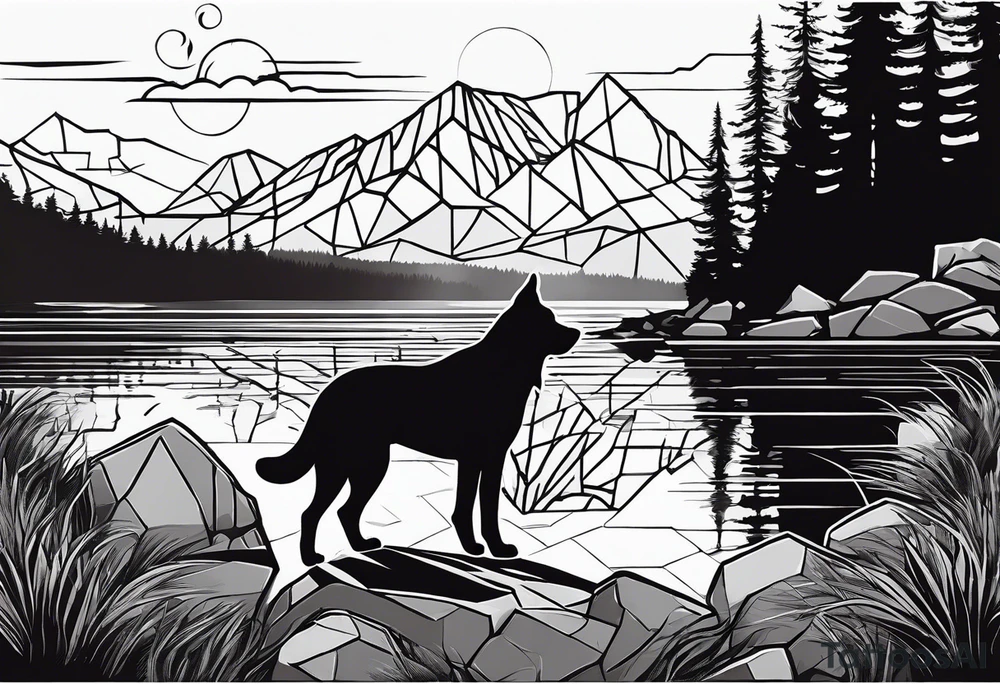 nature, sunset, mountains, a father and son hiking with their dog and cat by the water tattoo idea