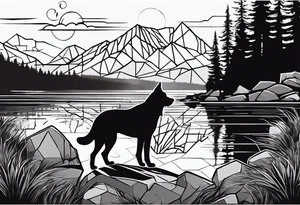 nature, sunset, mountains, a father and son hiking with their dog and cat by the water tattoo idea
