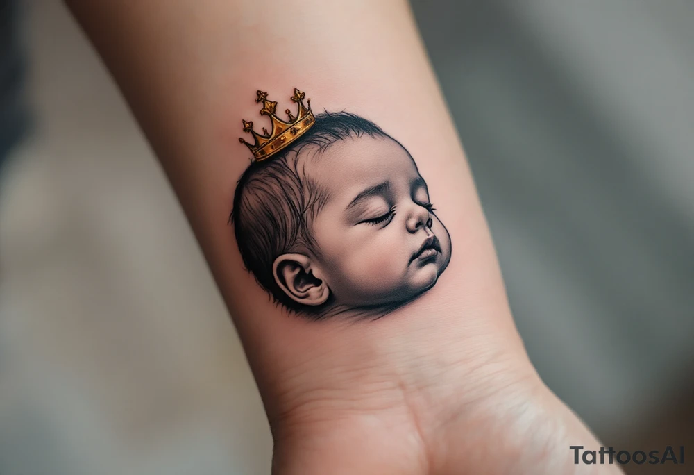 Profile portrait of a baby girl’s sleeping face with a tiny gold crown, shaded in grayscale with realistic detail. tattoo idea