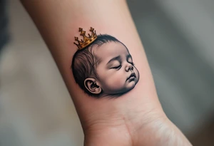Profile portrait of a baby girl’s sleeping face with a tiny gold crown, shaded in grayscale with realistic detail. tattoo idea