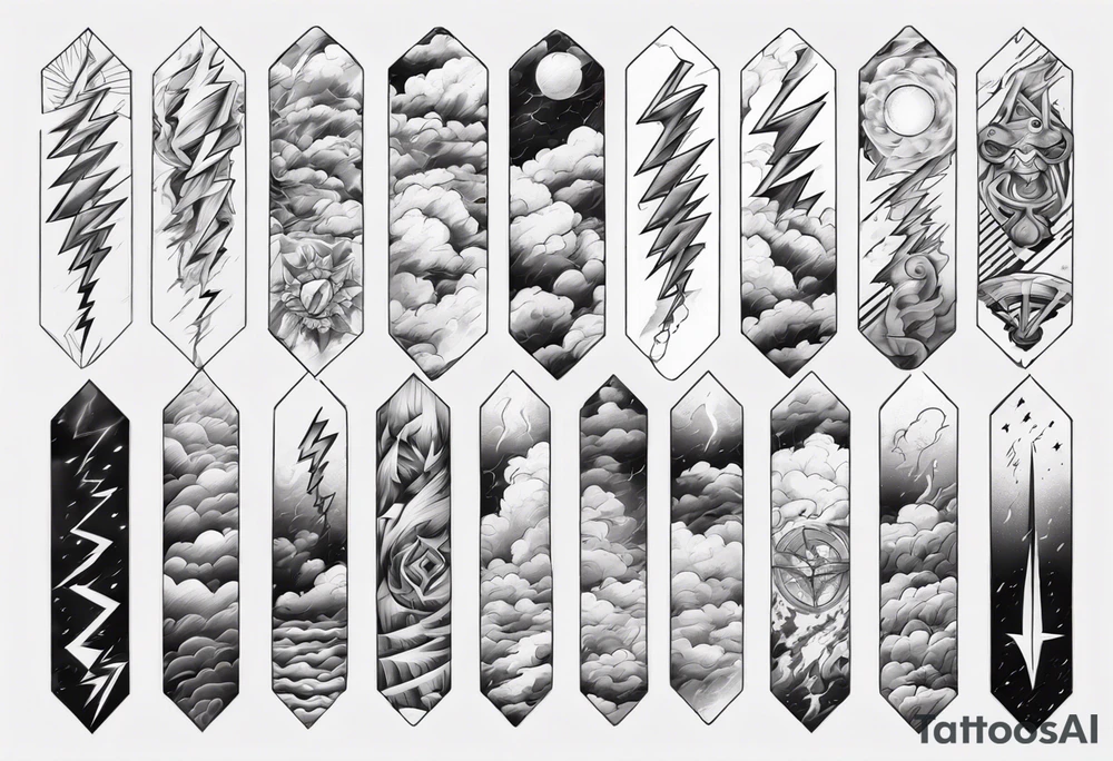 forearm sleeve lightning and clouds pattern tattoo idea