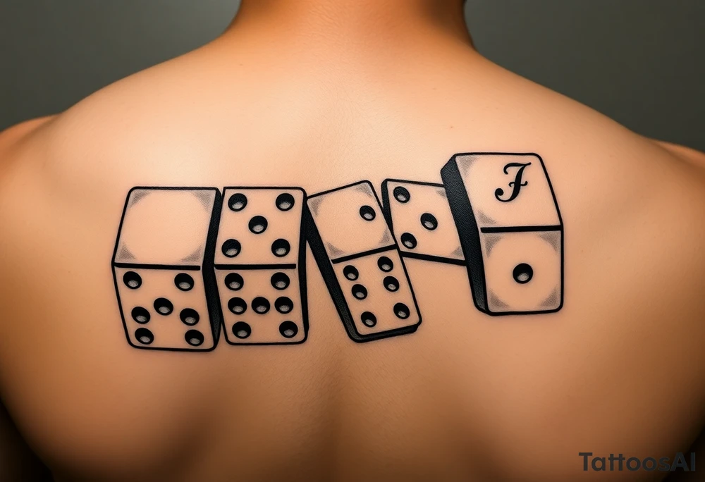 attoo design of three domino tiles falling like in a real domino chain reaction, captured in motion. Retro realistic black and grey shading, not fine-line. The tiles show: one with 8 (4+4), one with 7 (4+3), one with 6 (six dots on the bottom half). On the top half of the domino with 6, add the initials ‘JH’ in elegant retro lettering. Dynamic perspective, sense of motion, vintage realistic tattoo style.“ tattoo idea