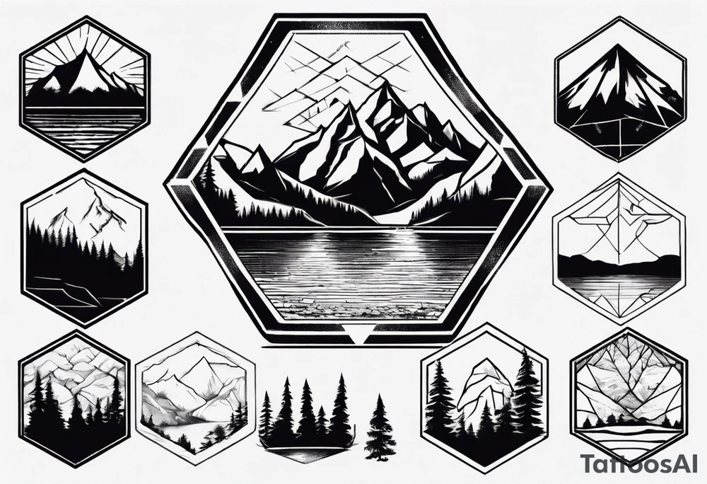 Mountain, coniferous forest and lake in a hexagonal shape tattoo idea Mountain, coniferous forest and lake in a hexagonal shape tattoo idea