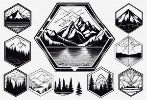 Mountain, coniferous forest and lake in a hexagonal shape tattoo idea