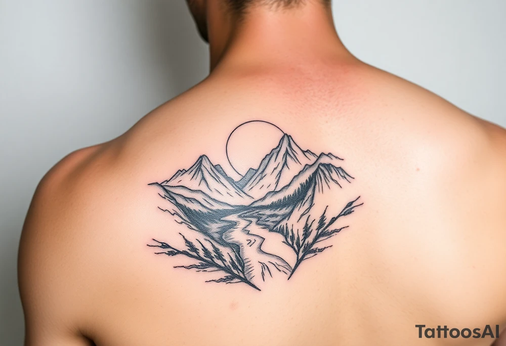 mountains with river and sunset upper arm tattoo tattoo idea