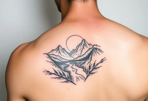 mountains with river and sunset upper arm tattoo tattoo idea