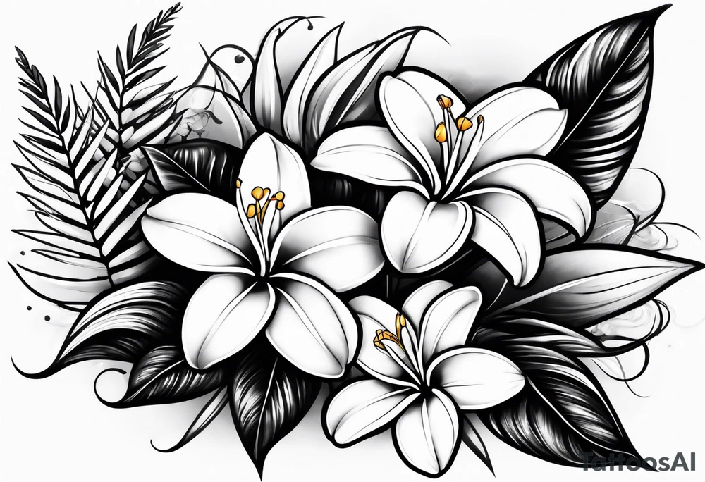 Frangipani and Lilly, black and white tattoo for bicep tattoo idea
