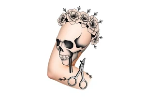 ornate skull adorned with crown of wild roses and thorns with scissors comb hairdryer clippers tattoo idea