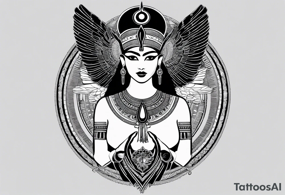 black and white Egyptian goddess Isis, who is often depicted as a woman with outstretched wings, holding an ankh (a symbol of life) in one hand and a lotus flower in the other. Her headdress often includes a throne or a solar disk. The tattoo design can vary in style and size, but it typically aims to capture the essence of this revered Egyptian deity, emphasizing her beauty, power, and maternal qualities. The choice of colors and additional elements can also be customized to create a unique and visually striking representation of the goddess Isis tattoo idea