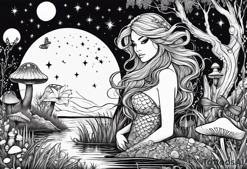 A mermaid under the stars in a swamp with cypress trees, mushrooms, frogs and bugs. tattoo idea