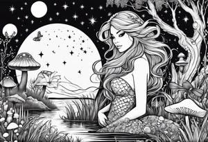 A mermaid under the stars in a swamp with cypress trees, mushrooms, frogs and bugs. tattoo idea