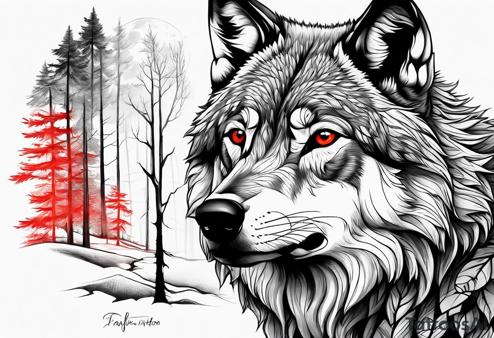 wolf with red eyes date 13/02/2022 in roman numerals forest background tattoo idea wolf with red eyes date 13/02/2022 in roman numerals forest background tattoo idea