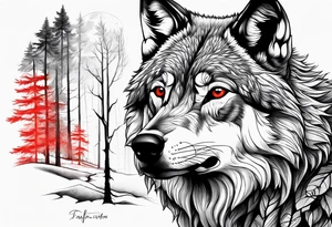 wolf with red eyes date 13/02/2022 in roman numerals forest background tattoo idea