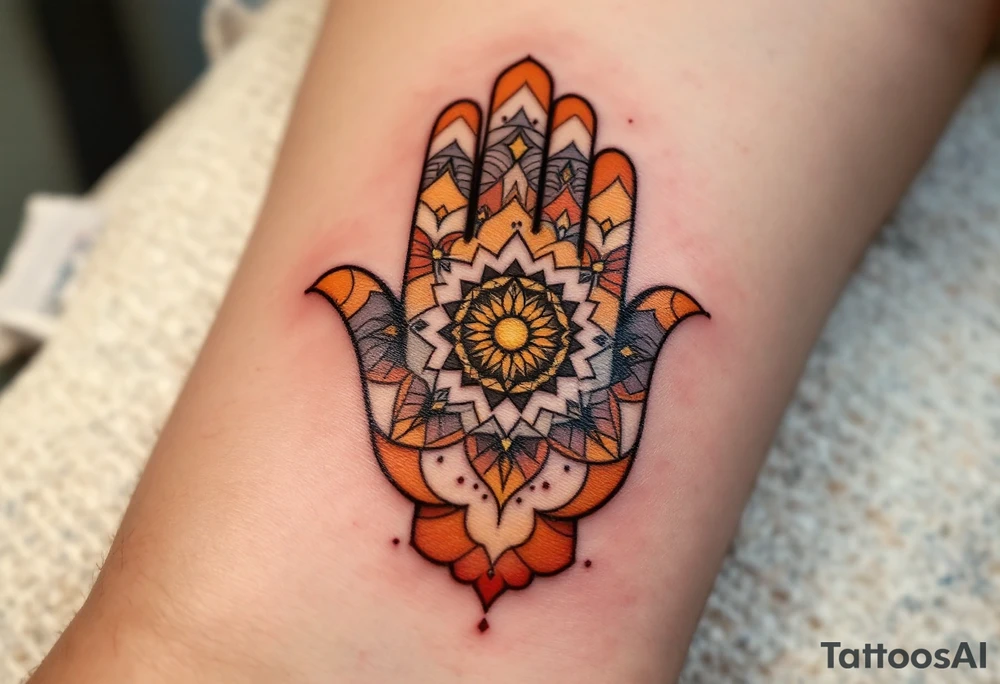 A desert-toned Hamsa in warm shades of terracotta, orange, and brown, reflecting the sacred energy of the earth. tattoo idea