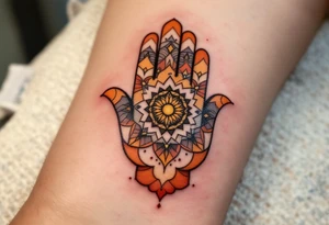 A desert-toned Hamsa in warm shades of terracotta, orange, and brown, reflecting the sacred energy of the earth. tattoo idea