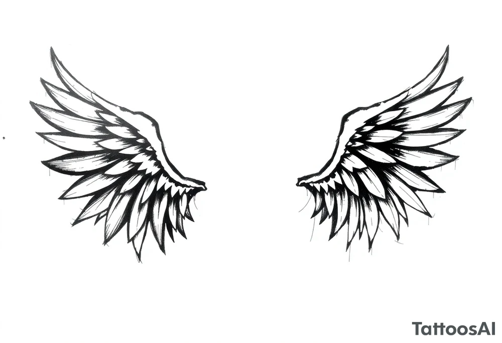 the wings go up

This tattoo design features a pair symmetrical angel wings drawn in black ink with a rough, sketch-like style. The left wing is darker, more defined, and appears denser, while the right wing is lighter, more delicate, and fragmented, creating a contrast between the two. The feathers are sharp and irregular, with fine lines and stray strokes extending outward, adding a raw and artistic feel. The overall look is dynamic and slightly chaotic, giving the impression of movement or an unfinished, ethereal form. This design symbolizes duality, freedom, transformation, or even struggle, making it a meaningful and visually striking tattoo. tattoo idea