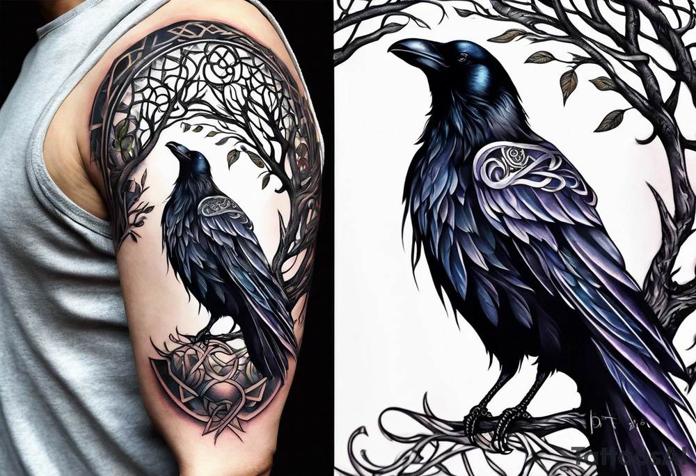 world tree with a raven and knotwork sleeve tattoo tattoo idea