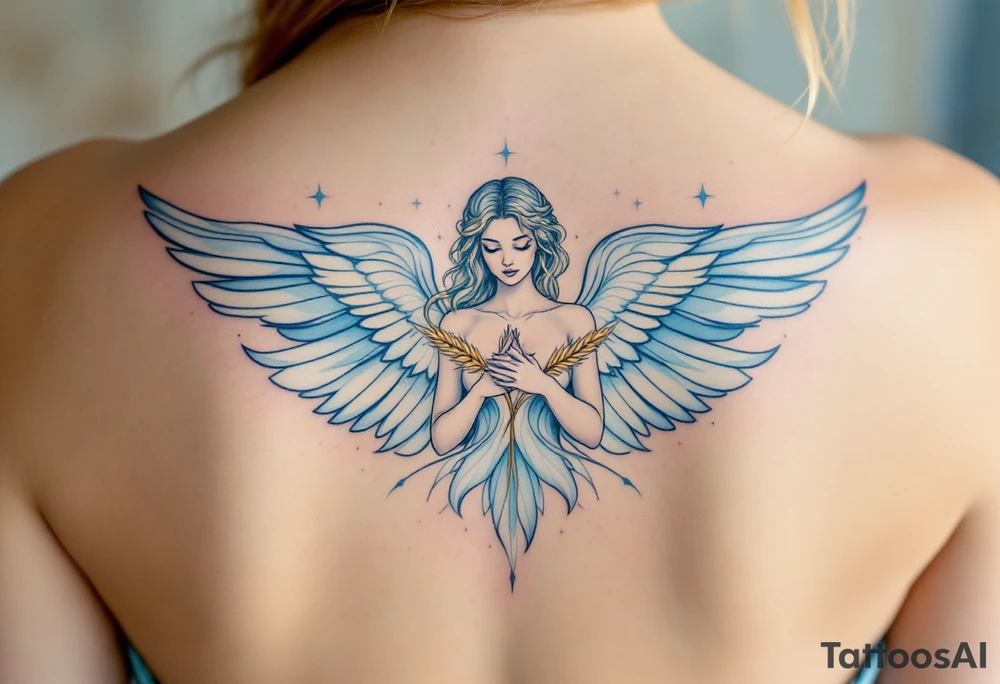 A graceful guardian Virgo angel with large feathered wings and golden wheat in hands. The color palette includes light blue, silver, and soft white, symbolizing Virgo’s protective and pure energy. tattoo idea