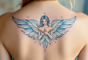 A graceful guardian Virgo angel with large feathered wings and golden wheat in hands. The color palette includes light blue, silver, and soft white, symbolizing Virgo’s protective and pure energy. tattoo idea