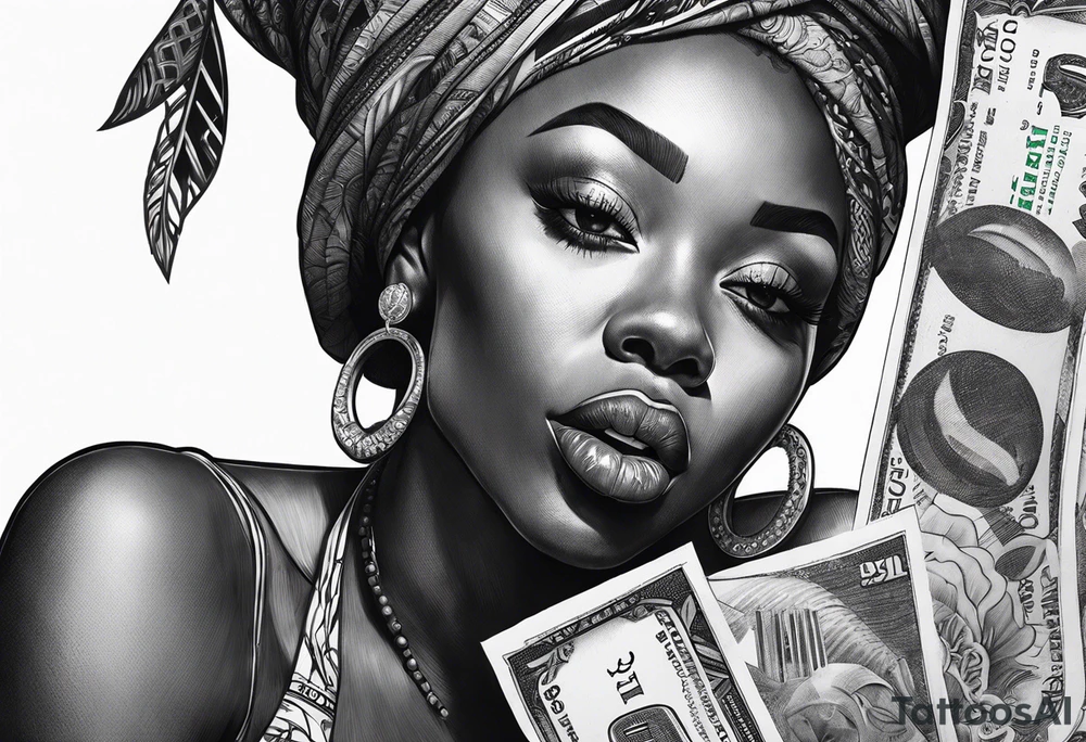 african woman biting money tattoo idea