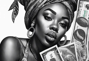 african woman biting money tattoo idea
