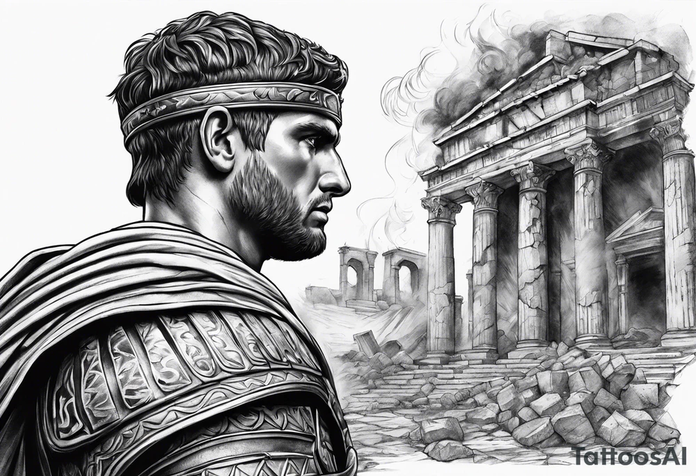 Roman soldier looking left at burning ruins tattoo idea