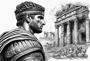 Roman soldier looking left at burning ruins tattoo idea