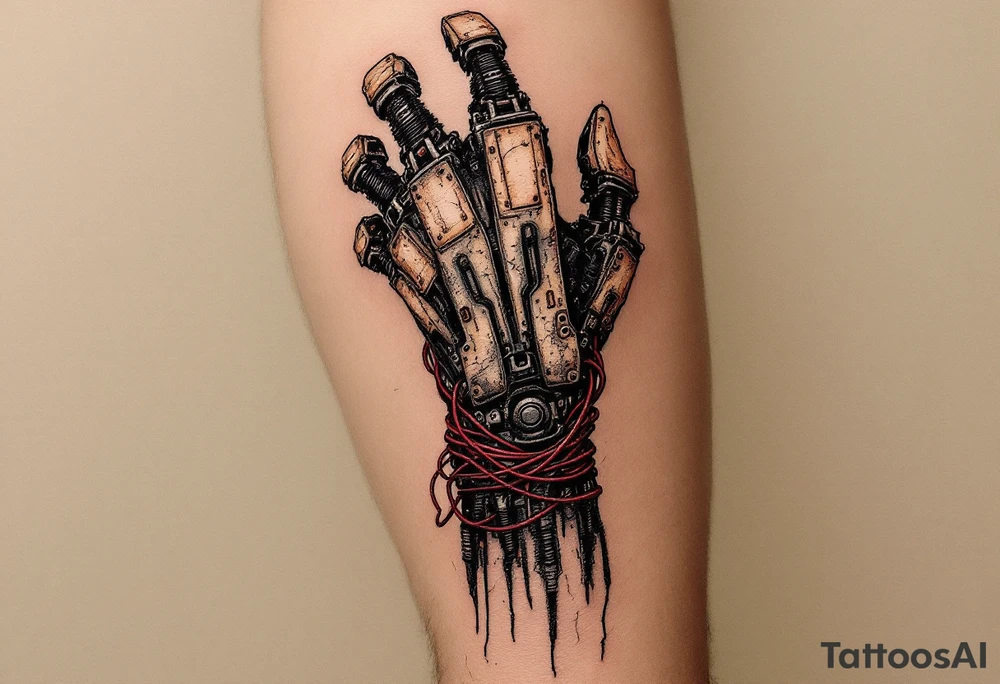 A biomech arm built from rusted iron plates and crimson wires, emerging from beneath cracked human skin. tattoo idea