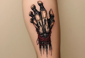 A biomech arm built from rusted iron plates and crimson wires, emerging from beneath cracked human skin. tattoo idea