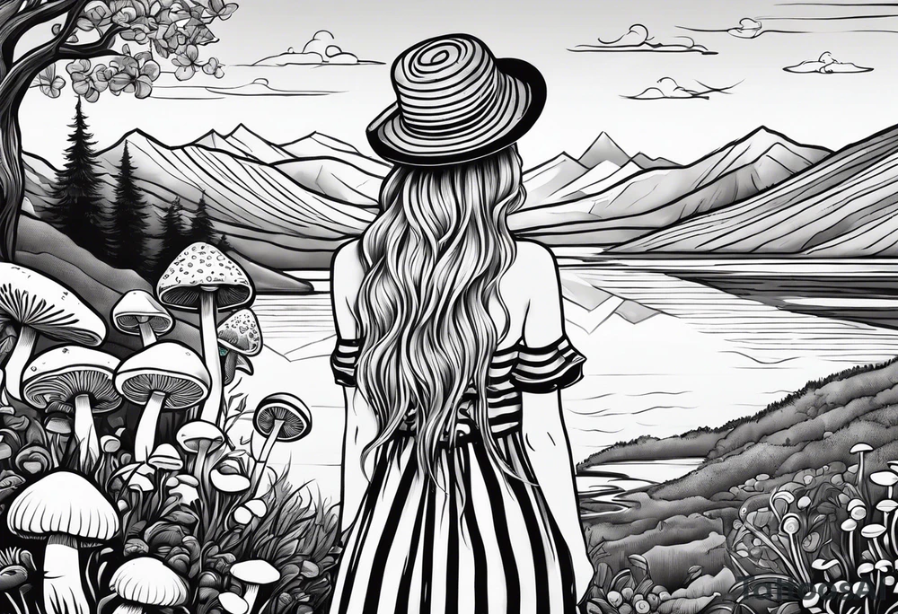 Straight long blonde hair hippie girl in distance holding mushrooms in hand facing away toward mountains and creek surrounded by mushrooms black and white striped dress tattoo idea
