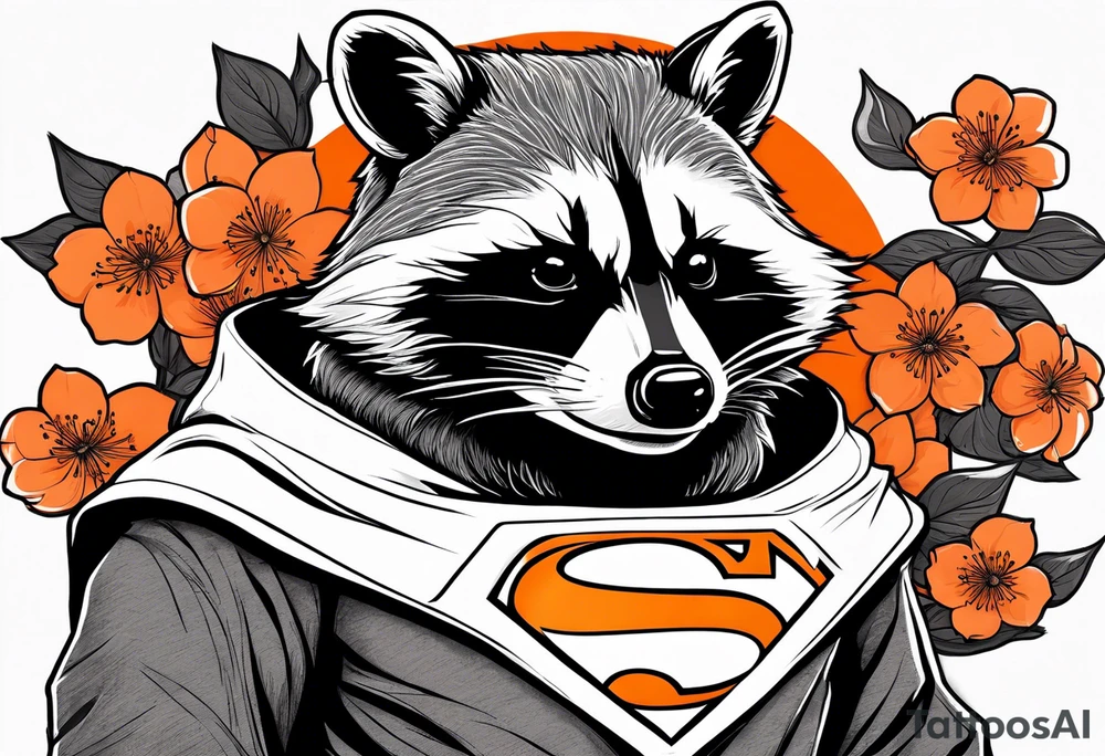 Raccoon wearing a white Superman logo on a black hoodie and orange Japanese cherry blossoms beside tattoo idea