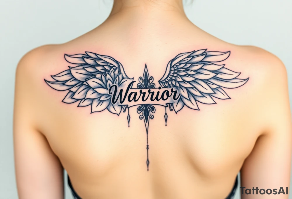 lotus flowers beautiful angel wing with word "Warrior" tattoo idea