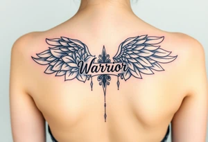 lotus flowers beautiful angel wing with word "Warrior" tattoo idea