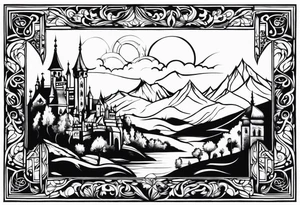 medieval tribal city 
floral  land sky vignette tattoo idea
