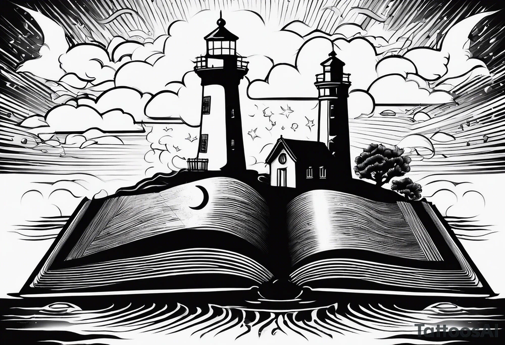 minimalist "open book" with a lighthouse in the middle and a clock and surrounded by storm sailor jerry style tattoo idea