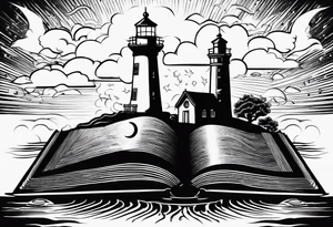 minimalist "open book" with a lighthouse in the middle and a clock and surrounded by storm sailor jerry style tattoo idea