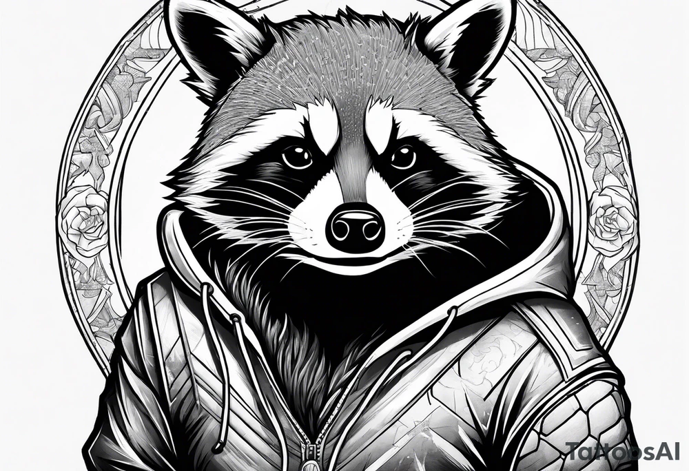 raccoon wearing a Superman hoodie tattoo idea