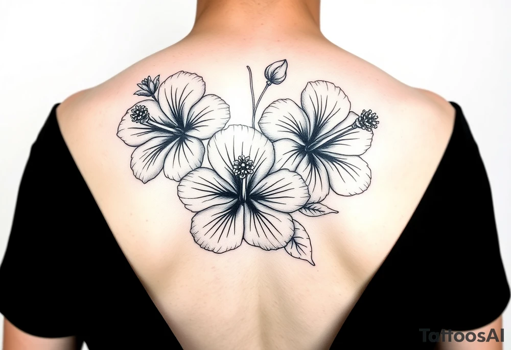 Three hibiscus flowers botanical big tattoo. FINE LINE tattoo idea