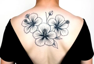 Three hibiscus flowers botanical big tattoo. FINE LINE tattoo idea