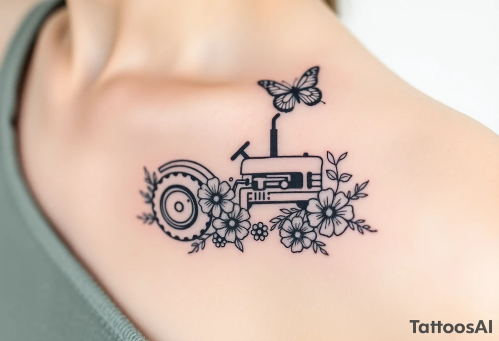 A tractor surrounded by flowers and butterfly tattoo idea