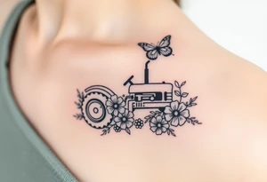 A tractor surrounded by flowers and butterfly tattoo idea