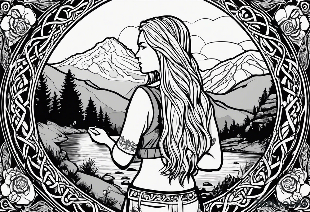 Whole picture encircled fully

Straight long blonde hair hippie girl in distance holding mushrooms in hand facing away toward mountains and creek surrounded by mushrooms long sleeve shirt and hiking pants; whole rendering within a full celtic circle border, no cut off circle tattoo idea